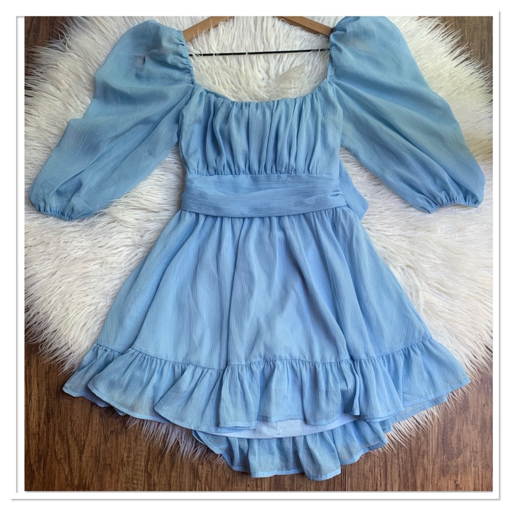Lucy In The Sky Neia Ruffle Dress Chiffon Tie Open Back Sky Blue Size Large